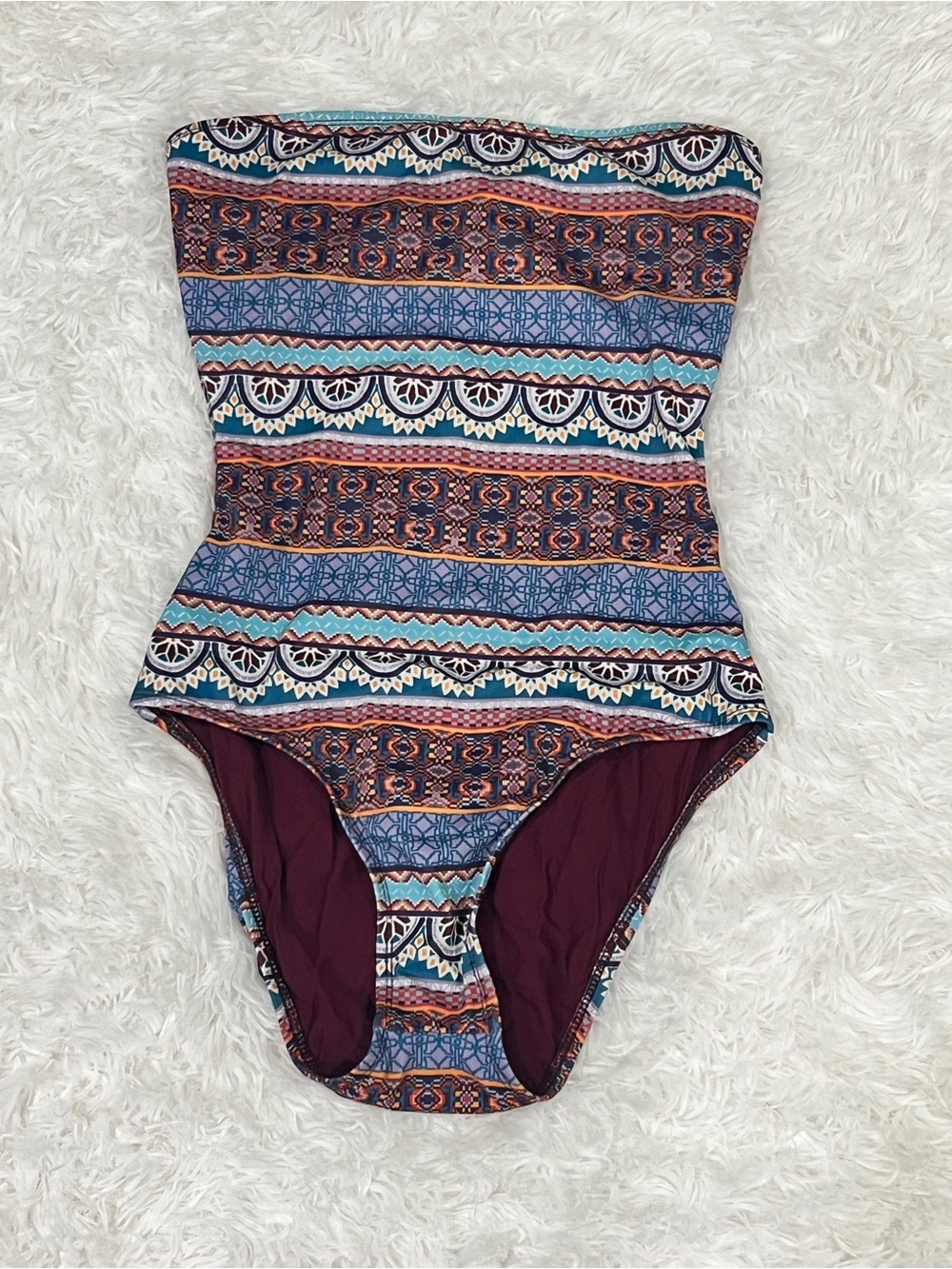 Patterned Strapless One-Piece Swimsuit in Blue & Burgundy